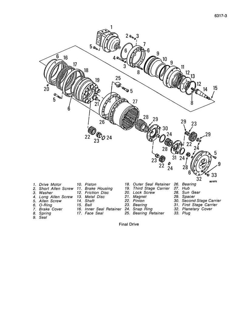 May include: An exploded diagram of a final drive assembly, showcasing various mechanical components. The image includes a drive motor, gears, bearings, and seals, with labels identifying each part. The diagram is in black and white.