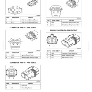 May include: Diagram of various electrical connectors with labels and circuit information. Includes Connector PRBF, PRM-B2, PRM-A1, PRM-C1, and PRM-B1. Each connector is illustrated with wire identification and circuit details.