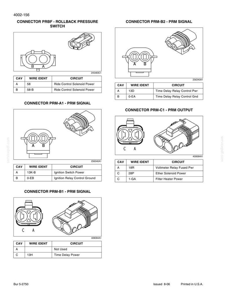 May include: Diagram of various electrical connectors with labels and circuit information. Includes Connector PRBF, PRM-B2, PRM-A1, PRM-C1, and PRM-B1. Each connector is illustrated with wire identification and circuit details.