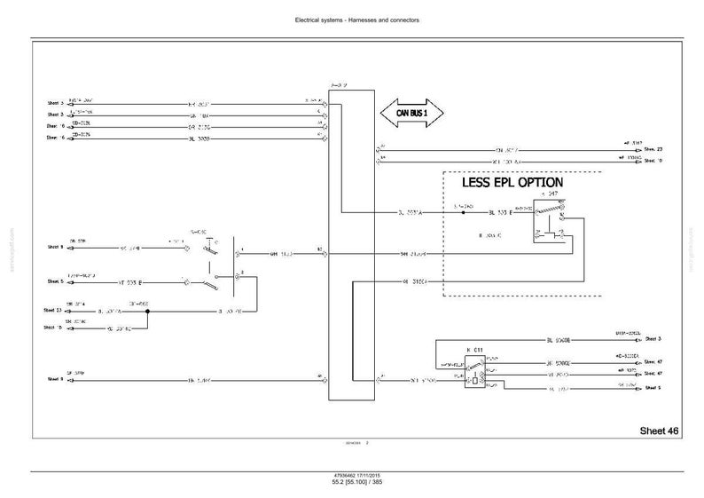 May include: Diagram of an electrical system with harnesses and connectors. The diagram includes lines, arrows, and text labels such as "CAN BUS 1" and "LESS EPL OPTION". Sheet 46 is visible at the bottom right.