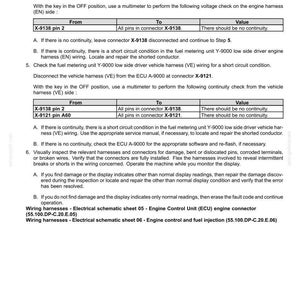 May include: A technical document detailing fault codes for electrical systems, with instructions for checking engine wiring harnesses. Includes tables for voltage checks, with "From", "To", and "Value" columns. Contains text and diagrams.