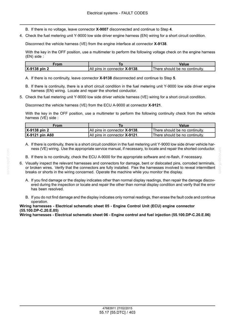 May include: A technical document detailing fault codes for electrical systems, with instructions for checking engine wiring harnesses. Includes tables for voltage checks, with "From", "To", and "Value" columns. Contains text and diagrams.