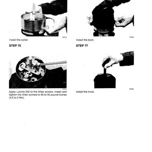 May include: A series of four black and white instructional images. The steps include installing a collar, boot, and knob, and applying Loctite 242 to Allen screws. Text includes "STEP 74", "STEP 75", "STEP 76", and "STEP 77".