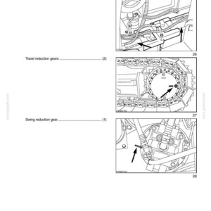 K&ouml;nnte beinhalten: Eine technische Zeichnung aus einem Servicehandbuch, die die Schmierung und Wartung von Filtern detailliert. Das Bild enth&auml;lt Illustrationen von Batterien, Fahrreduziergetrieben und Schwenkreduziergetrieben, mit Pfeilen.