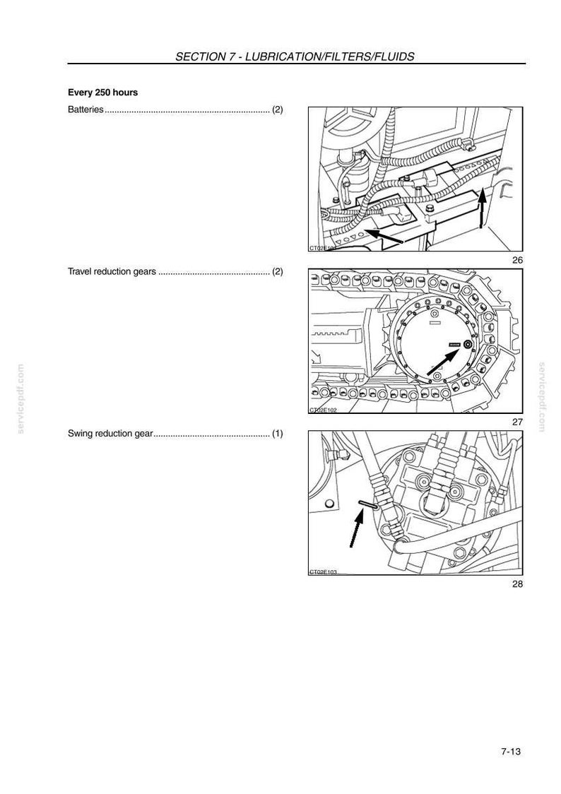 K&ouml;nnte beinhalten: Eine technische Zeichnung aus einem Servicehandbuch, die die Schmierung und Wartung von Filtern detailliert. Das Bild enth&auml;lt Illustrationen von Batterien, Fahrreduziergetrieben und Schwenkreduziergetrieben, mit Pfeilen.