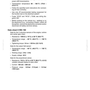 May include: A technical document titled "Transmission - Powershift transmission" with specifications for WG 160 data sheet. Includes temperature ranges, resistance, and pressure details. The document is in black text on a white background.