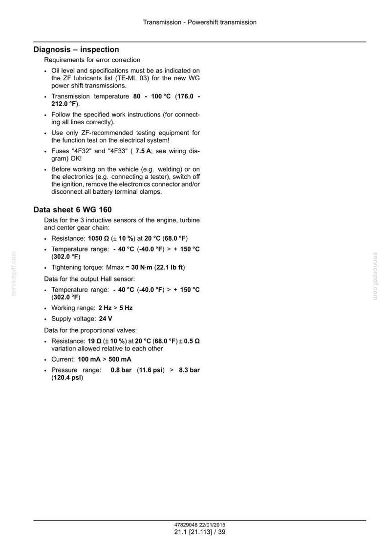 May include: A technical document titled "Transmission - Powershift transmission" with specifications for WG 160 data sheet. Includes temperature ranges, resistance, and pressure details. The document is in black text on a white background.