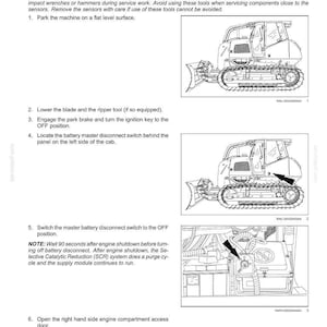 Peut inclure: Diagram d'une machine de chantier avec des instructions pour retirer un capteur d'oxyde d'azote (NOx). Les &eacute;tapes incluent le stationnement, l'abaissement de la lame et la coupure de la batterie.