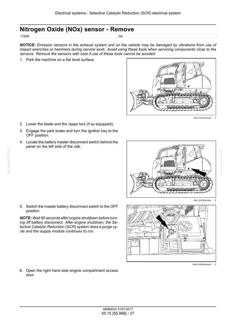 Peut inclure: Diagram d'une machine de chantier avec des instructions pour retirer un capteur d'oxyde d'azote (NOx). Les &eacute;tapes incluent le stationnement, l'abaissement de la lame et la coupure de la batterie.