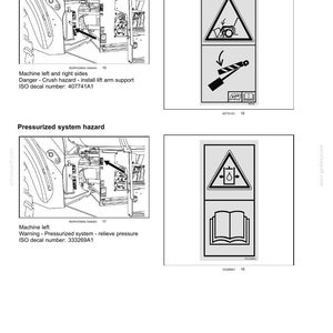May include: Safety information page with diagrams and warnings. Includes a crush hazard warning with a symbol of a person being crushed and a lift arm. Also shows a pressurized system hazard with a symbol of a container and an open book.