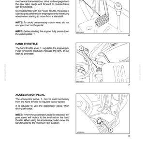 May include: A technical manual page titled SECTION 3 - FIELD OPERATION featuring black and white line drawings of tractor controls. It illustrates the transmission clutch pedal, hand throttle lever, and accelerator pedal with numbered labels.