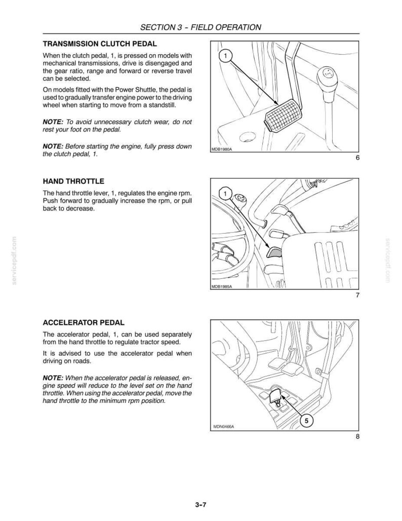 May include: A technical manual page titled SECTION 3 - FIELD OPERATION featuring black and white line drawings of tractor controls. It illustrates the transmission clutch pedal, hand throttle lever, and accelerator pedal with numbered labels.