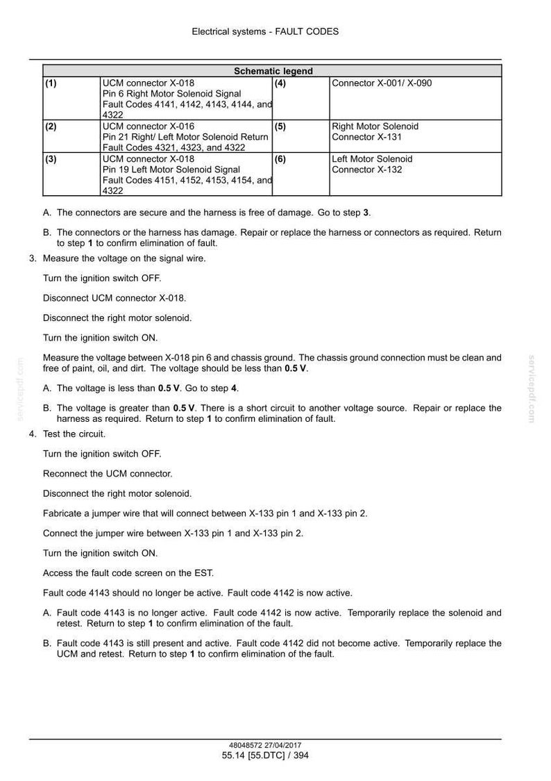 May include: A detailed schematic of electrical system fault codes, including connector diagrams and troubleshooting steps. The document lists fault codes and provides instructions for diagnosing and resolving issues. The text includes voltage measurements and circuit testing procedures.