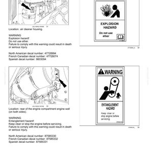 May include: Safety information page with diagrams and warning labels. The labels warn of explosion and entanglement hazards. Text includes "Do not use ether" and "Keep clear or stop engine before servicing."