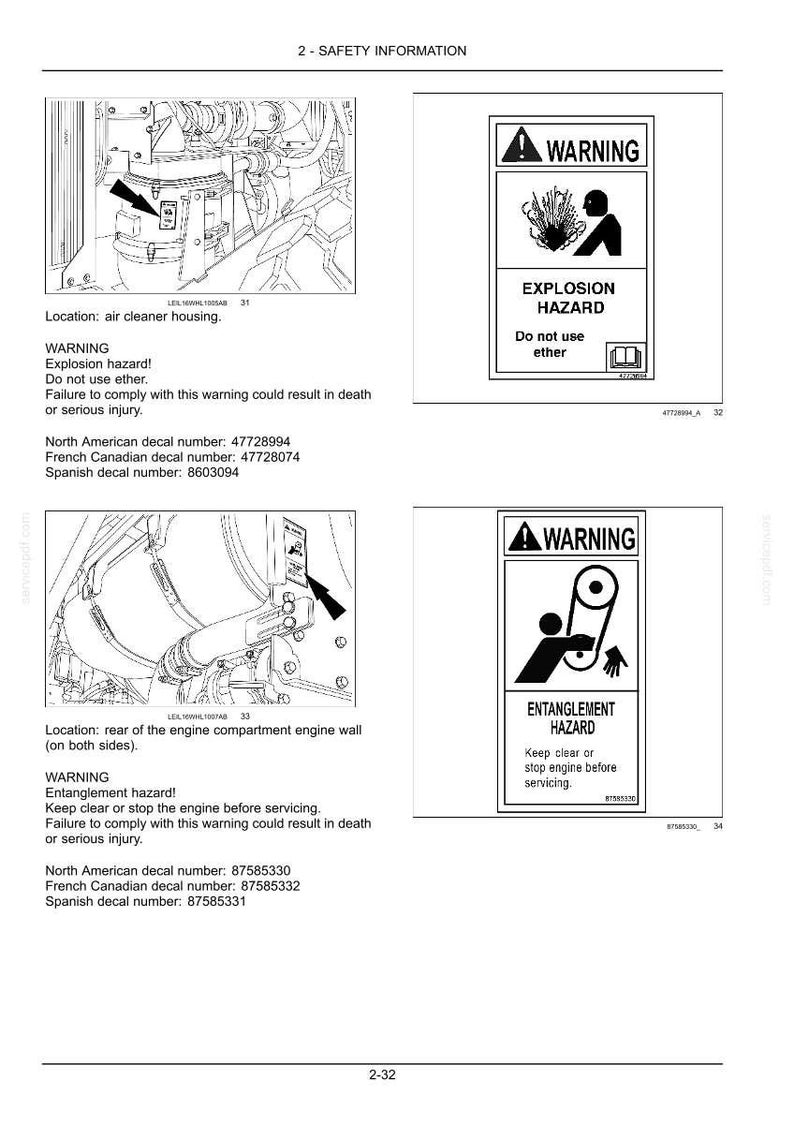 May include: Safety information page with diagrams and warning labels. The labels warn of explosion and entanglement hazards. Text includes "Do not use ether" and "Keep clear or stop engine before servicing."