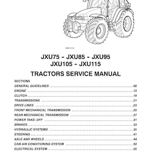 Puede incluir: Ilustraci&oacute;n en blanco y negro de un tractor CASE IH. La imagen es un manual de servicio para los modelos de tractores JXU75, JXU85, JXU95, JXU105 y JXU115. El manual enumera varias secciones, incluyendo motor, frenos y direcci&oacute;n.