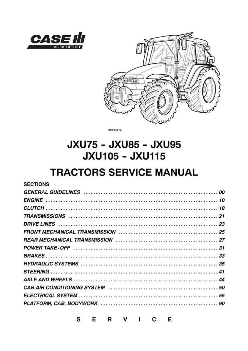 Puede incluir: Ilustraci&oacute;n en blanco y negro de un tractor CASE IH. La imagen es un manual de servicio para los modelos de tractores JXU75, JXU85, JXU95, JXU105 y JXU115. El manual enumera varias secciones, incluyendo motor, frenos y direcci&oacute;n.