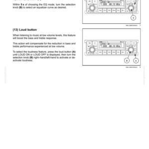 May include: A technical manual page titled 3-CONTROLS AND INSTRUMENTS featuring two diagrams of a car radio interface. The text explains the Equalizer EQ button and Loud button functions, using labels A and B to point to specific buttons and knobs.