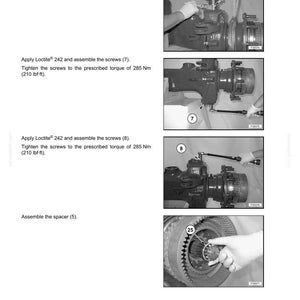 May include: Black and white technical diagram showing steps for assembling mechanical components. Instructions include applying Loctite, tightening screws to 285 Nm (210 lbf-ft), and assembling a spacer. The diagram is labeled "SECTION 05 - UNDERCARRIAGE."
