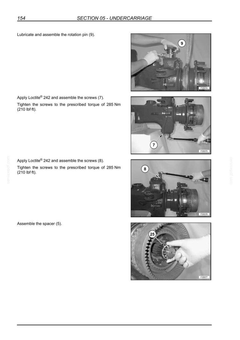 May include: Black and white technical diagram showing steps for assembling mechanical components. Instructions include applying Loctite, tightening screws to 285 Nm (210 lbf-ft), and assembling a spacer. The diagram is labeled "SECTION 05 - UNDERCARRIAGE."
