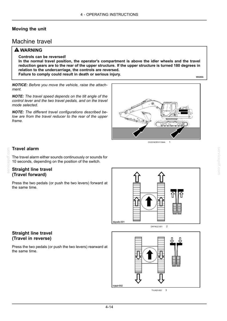 May include: Page from an operating manual with instructions for machine travel. Includes a diagram of an excavator and illustrations of pedal configurations for straight-line travel, both forward and reverse. Text includes warnings and notes.