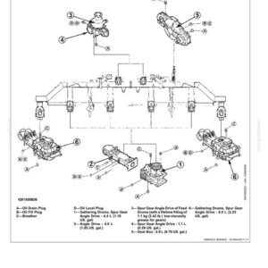 May include: A technical diagram titled Group 15 Capacities for a 480FI Rotary Harvesting Unit. It illustrates transmission components labeled 1 through 6, with callouts A, B, C, and D for oil plugs and breathers, including capacity data in liters and US gallons.