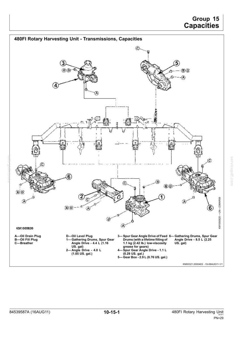 May include: A technical diagram titled Group 15 Capacities for a 480FI Rotary Harvesting Unit. It illustrates transmission components labeled 1 through 6, with callouts A, B, C, and D for oil plugs and breathers, including capacity data in liters and US gallons.