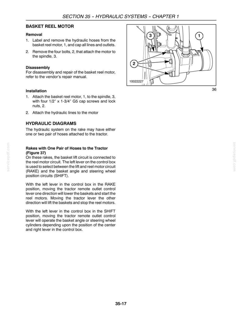 Puede incluir: Una p&aacute;gina de manual t&eacute;cnico titulada SECTION 35 - HYDRAULIC SYSTEMS - CHAPTER 1, que presenta un dibujo lineal en blanco y negro de un motor de carrete de cesta etiquetado con los n&uacute;meros 1, 2 y 3, junto con instrucciones de instalaci&oacute;n.