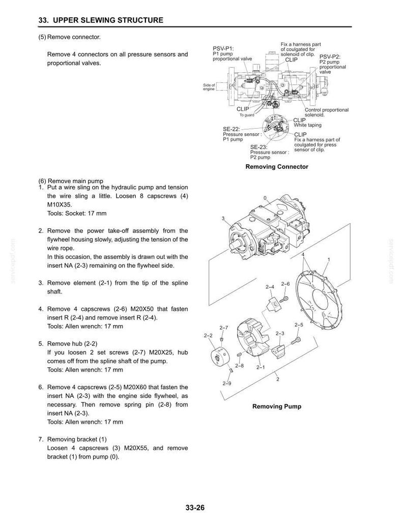 May include: A technical manual page titled 33. UPPER SLEWING STRUCTURE, featuring black and white line drawings of hydraulic pump components, connectors, and sensors with numbered parts, labels, and detailed step-by-step removal instructions.