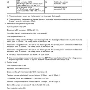 May include: Diagram of electrical systems fault codes, including connector and solenoid information. Text details fault codes 4141-4323, voltage measurements, and testing procedures. Includes a schematic legend and troubleshooting steps.