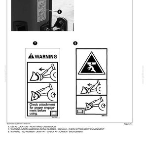 Puede incluir: Diagrama de calcoman&iacute;as de seguridad para maquinaria. Incluye un s&iacute;mbolo de advertencia con un signo de exclamaci&oacute;n e ilustraciones que muestran c&oacute;mo verificar el acoplamiento del accesorio. El texto dice: "Verifique el acoplamiento correcto antes de usar."