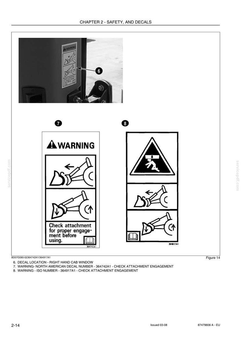 Puede incluir: Diagrama de calcoman&iacute;as de seguridad para maquinaria. Incluye un s&iacute;mbolo de advertencia con un signo de exclamaci&oacute;n e ilustraciones que muestran c&oacute;mo verificar el acoplamiento del accesorio. El texto dice: "Verifique el acoplamiento correcto antes de usar."