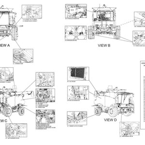 May include: Detailed schematic diagram of an Axial-Flow 6140 and 7140 combine harvester. The diagram includes multiple views (A, B, C, and D) with labeled components and a parts list. The image is in black and white.