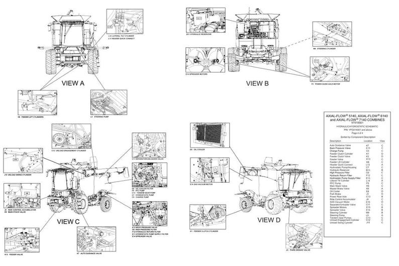 May include: Detailed schematic diagram of an Axial-Flow 6140 and 7140 combine harvester. The diagram includes multiple views (A, B, C, and D) with labeled components and a parts list. The image is in black and white.