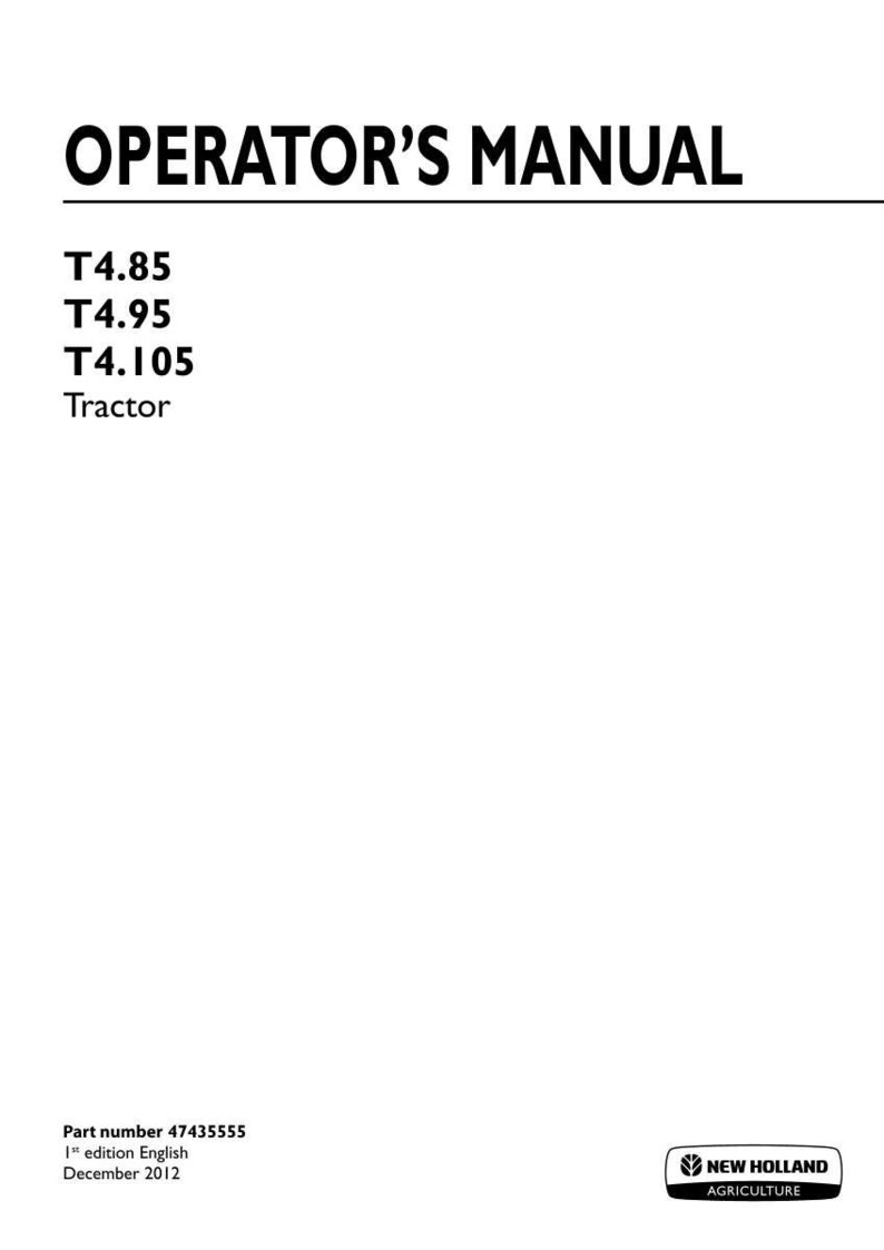Puede incluir: Un manual del operador blanco para tractores New Holland Agriculture T4.85, T4.95 y T4.105. La portada presenta texto en negro, el n&uacute;mero de pieza 47435555, 1&ordf; edici&oacute;n en ingl&eacute;s, diciembre de 2012 y el logotipo de New Holland Agriculture.