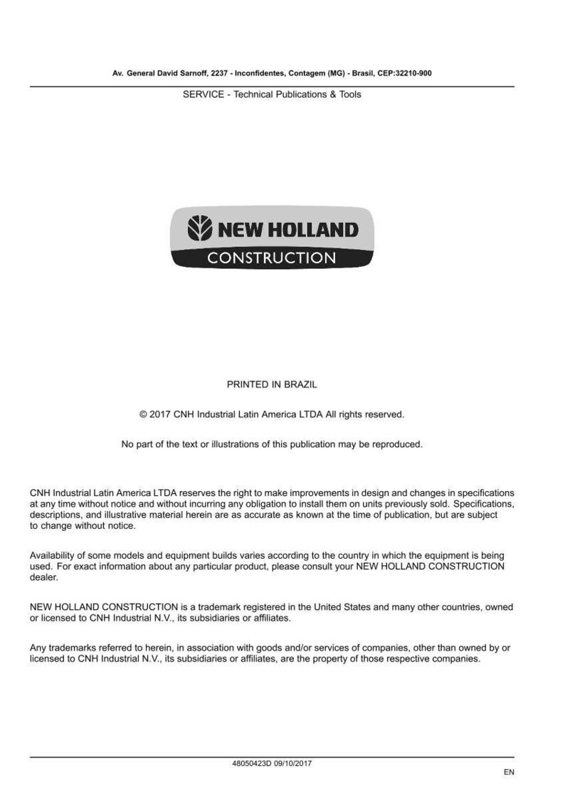 May include: A white document with the "NEW HOLLAND CONSTRUCTION" logo in a gray and black rectangle. The document includes text about technical publications and tools, and copyright information.
