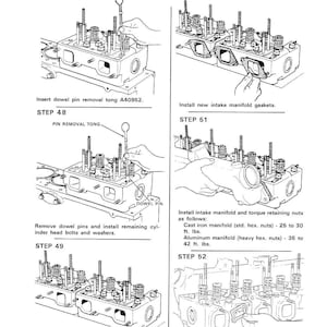 May include: Black and white technical illustration showing engine assembly steps. Includes instructions for installing gaskets, removing dowel pins, and torquing nuts. Text includes "STEP 47" through "STEP 52" and torque specifications.