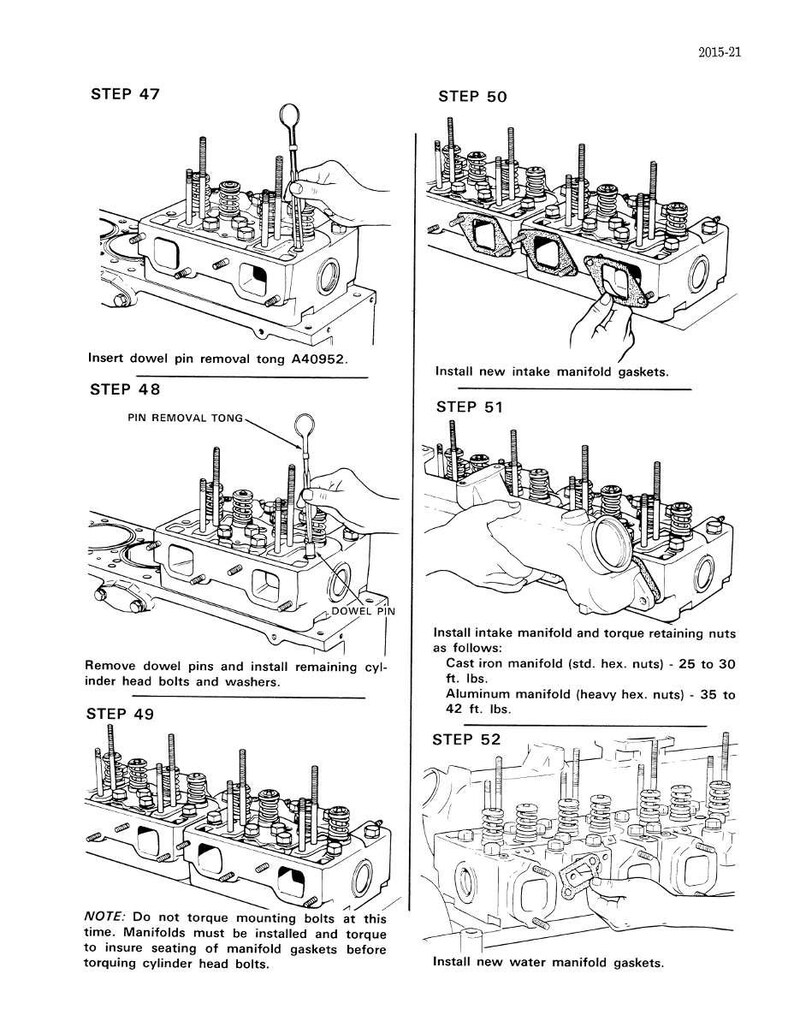 May include: Black and white technical illustration showing engine assembly steps. Includes instructions for installing gaskets, removing dowel pins, and torquing nuts. Text includes "STEP 47" through "STEP 52" and torque specifications.
