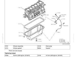 May include: Diagram of an oil pan assembly with labeled parts, including the oil pan, gasket, and drain plug. Tightening torque specifications are provided in Newton-meters and pound-feet.