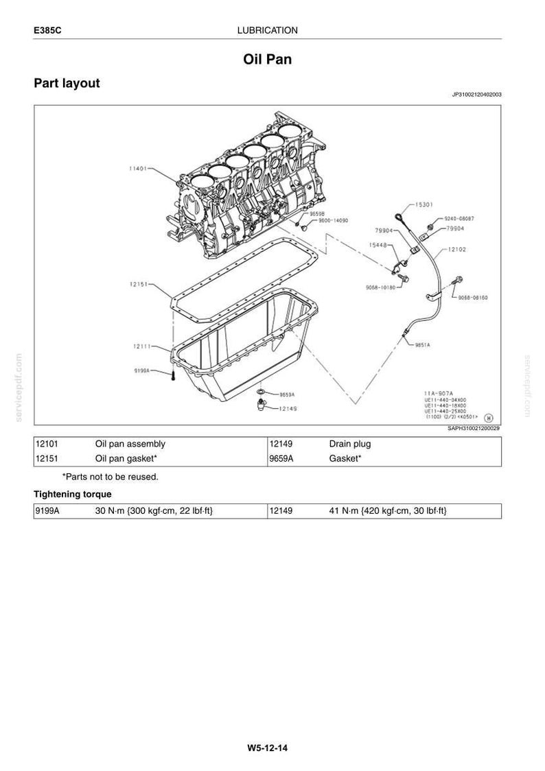 May include: Diagram of an oil pan assembly with labeled parts, including the oil pan, gasket, and drain plug. Tightening torque specifications are provided in Newton-meters and pound-feet.