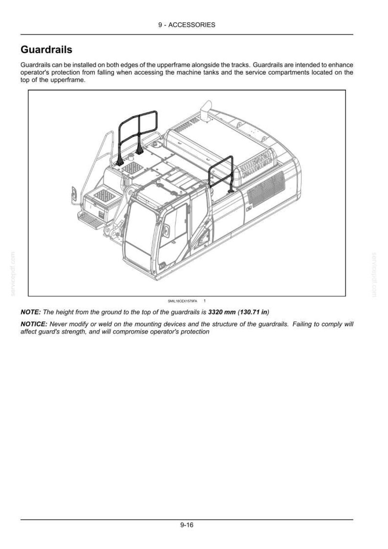 May include: Diagram of a machine with guardrails installed on the upperframe. The guardrails are black and rectangular. The height of the guardrails is 3320 mm (130.71 in).