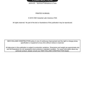 May include: A white document page featuring the New Holland Construction logo and the text Service - Technical Publications & Tools. It includes copyright information from 2015, a disclaimer regarding product specifications, and a company address.