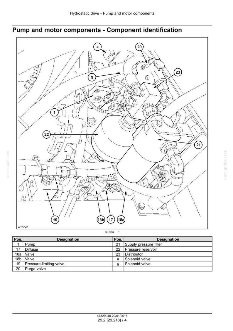 May include: Technical diagram showing pump and motor components, such as a pump, diffuser, and valves. The illustration includes labels and arrows, with text reading "Pump and motor components - Component identification." Measurements are not applicable.
