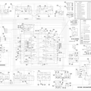 May include: A detailed black and white schematic diagram of a CX130C excavator's hydraulic system. The diagram includes numerous lines, circles, and text labels, with a legend and a parts list. The text "CX130C EXCAVATOR - HYDRAULIC SCHEMATIC" is visible.