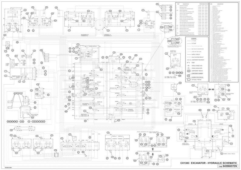 May include: A detailed black and white schematic diagram of a CX130C excavator's hydraulic system. The diagram includes numerous lines, circles, and text labels, with a legend and a parts list. The text "CX130C EXCAVATOR - HYDRAULIC SCHEMATIC" is visible.