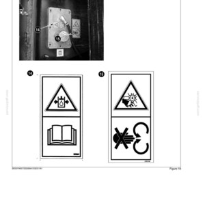 May include: Image from a manual showing safety decals and a control panel. The control panel has a gauge and several warning symbols. The decals include symbols for potential hazards and instructions.