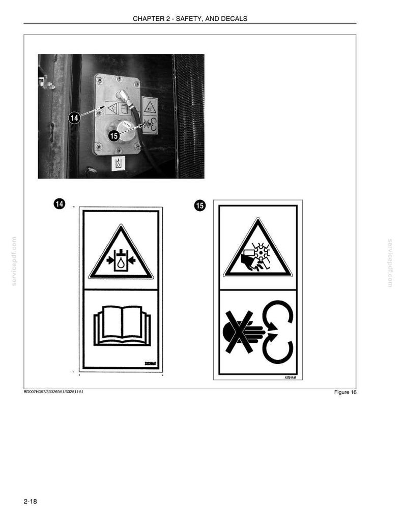 May include: Image from a manual showing safety decals and a control panel. The control panel has a gauge and several warning symbols. The decals include symbols for potential hazards and instructions.