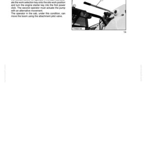 May include: Diagram of a personnel platform control panel. The image shows a lever labeled (5), a control panel, and text describing emergency procedures. The text includes instructions for moving the telescopic boom and operating the pump.