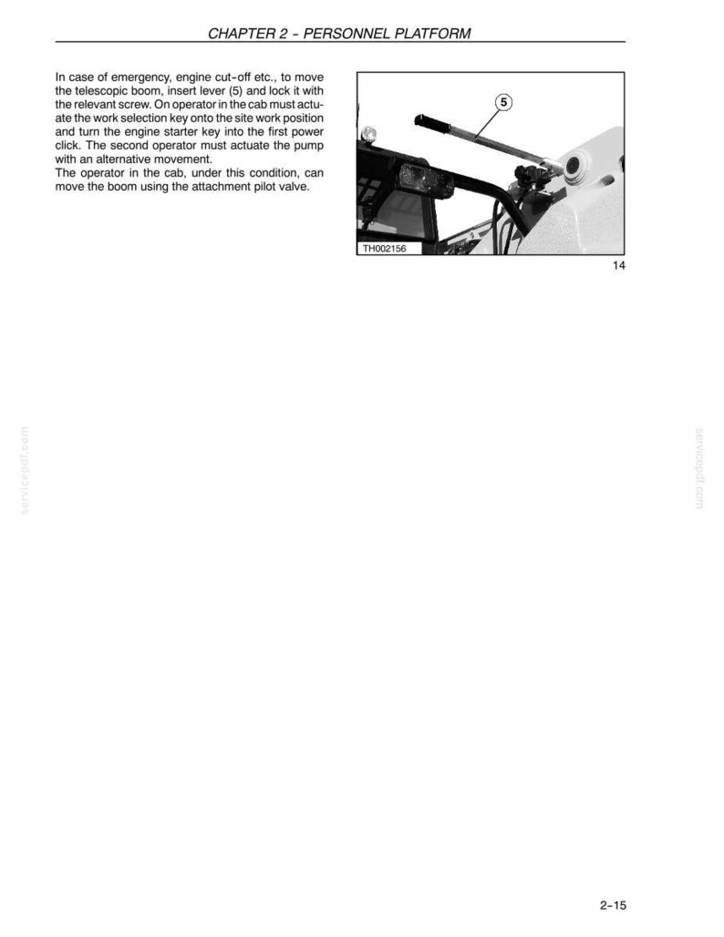 May include: Diagram of a personnel platform control panel. The image shows a lever labeled (5), a control panel, and text describing emergency procedures. The text includes instructions for moving the telescopic boom and operating the pump.