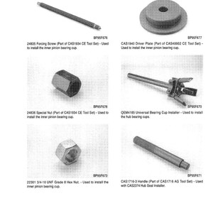 May include: Diagram of automotive tools, including a forcing screw, driver plate, special nut, universal bearing cup installer, hex nut, and handle. Each tool is labeled with a part number and description, designed for specific automotive repair tasks.